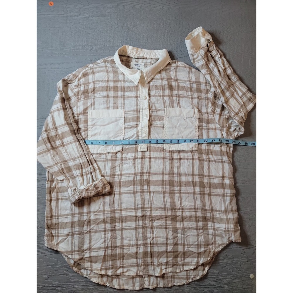 American Eagle Tan Plaid Button Down Shirt Womens XL NWT 5266-100